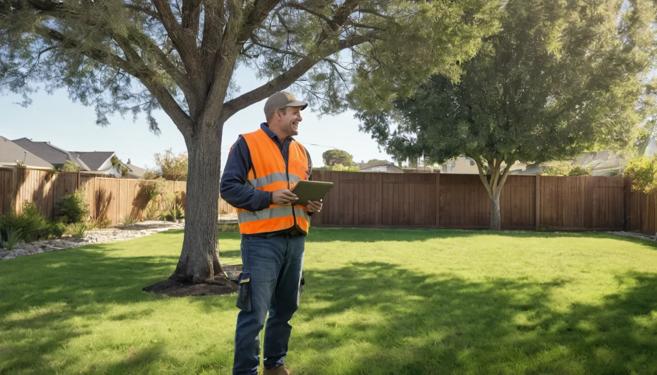 A homeowner talking with a tree provider about a backyard tree in the Tremonton area