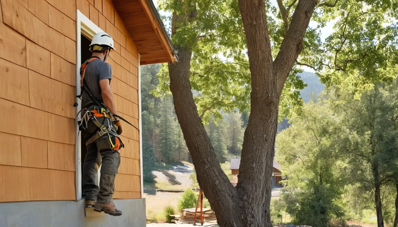 A tree service professional trimming a large tree beside a home near Tremonton