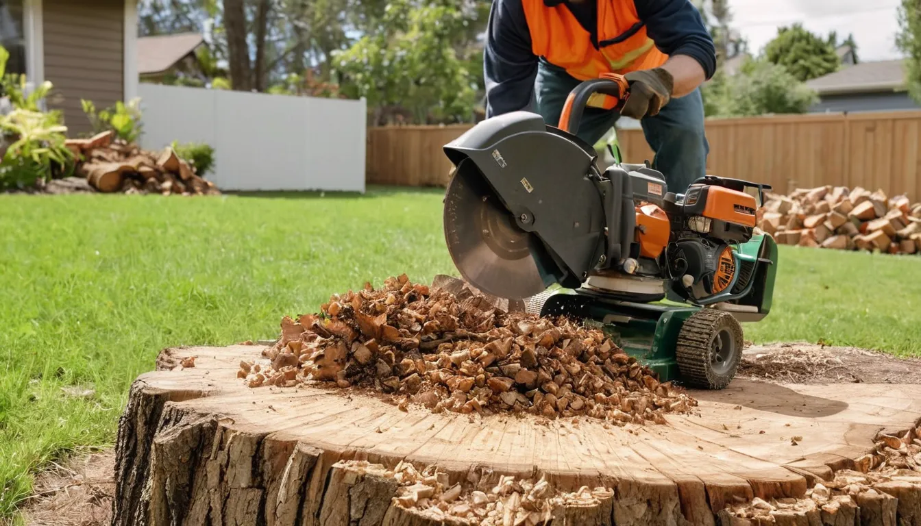 A local stump grinding provider working on a leftover tree stump in a residential yard in the Tremonton area